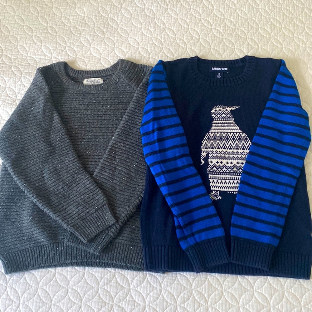 Two boys sweaters size 10-12 - Adorable Lands End penguin & Sovereign Code gray